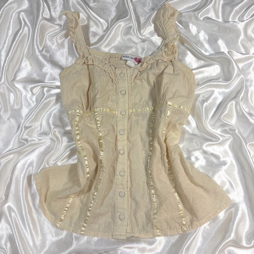 y2k Camisole Cream Excellent Cottagecore Eyelet Ruffle Button Front Top